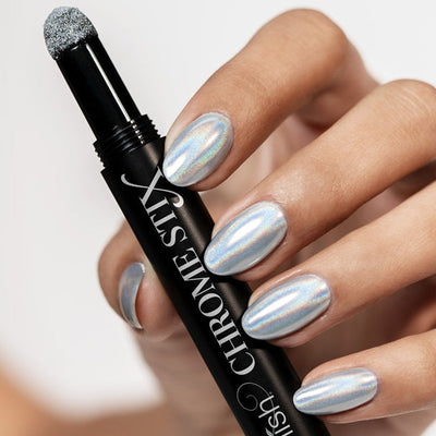 Hands wearing Silver Holo Chrome Stix by Gelish