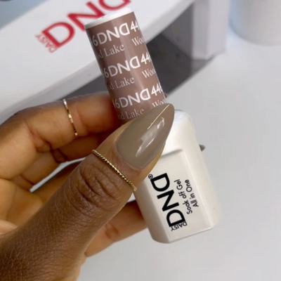 Hands wearing DND Gel 446 Wood Lake