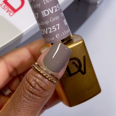 finger wearing 257 Dewdrop Gray gel polish DND Diva
