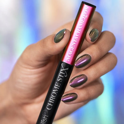 Hands wearing Magenta Chameleon Chrome Stix by Gelish