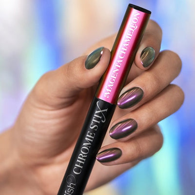 Hands wearing Magenta Chameleon Chrome Stix by Gelish