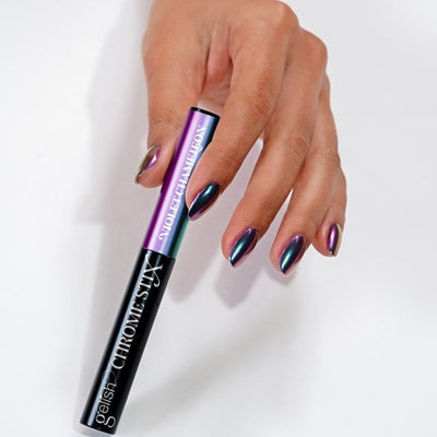 Hands wearing Violet Chameleon Chrome Stix by Gelish