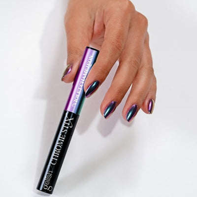 Hands wearing Violet Chameleon Chrome Stix by Gelish