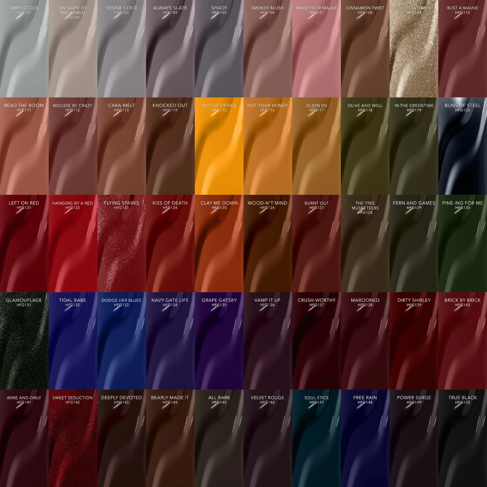 Kiara Sky Gel Pro Volume 3 HFG101-HFG150 color swatches featuring deep burgundy, brown, plum, red, green, navy and black gel polish shades