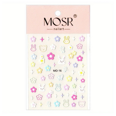 Packaging of MOSR nail art stickers with cartoon designs on a pink background
