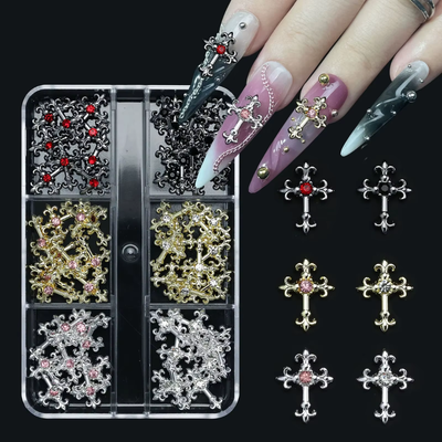 Black, Gold, and Silver Cross Nail Charms