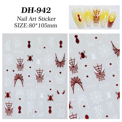 Nail Art Stickers - Halloween Red/White Spider & Webs (DH-942)