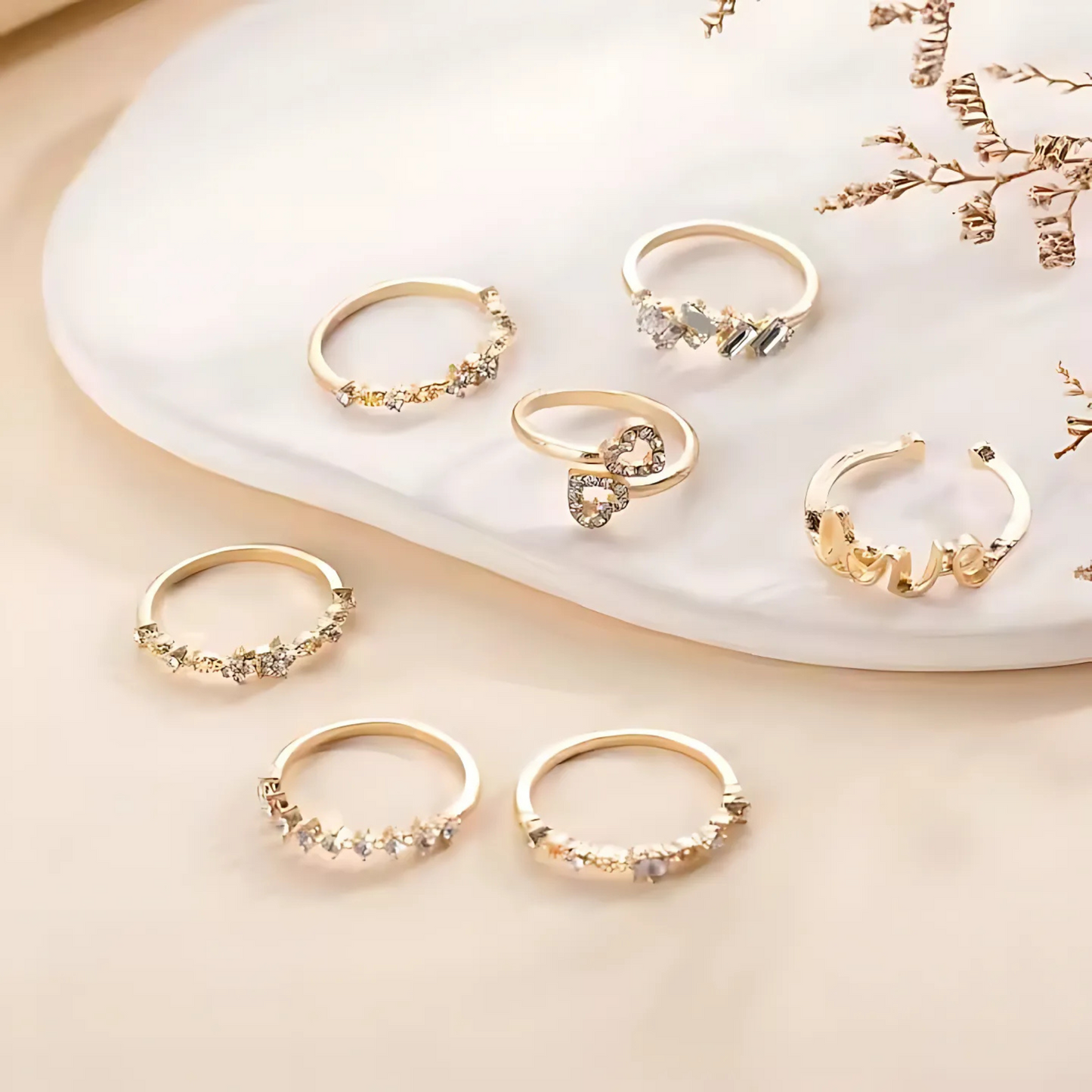 example of hearts and gems Gold Rings 7pc Set