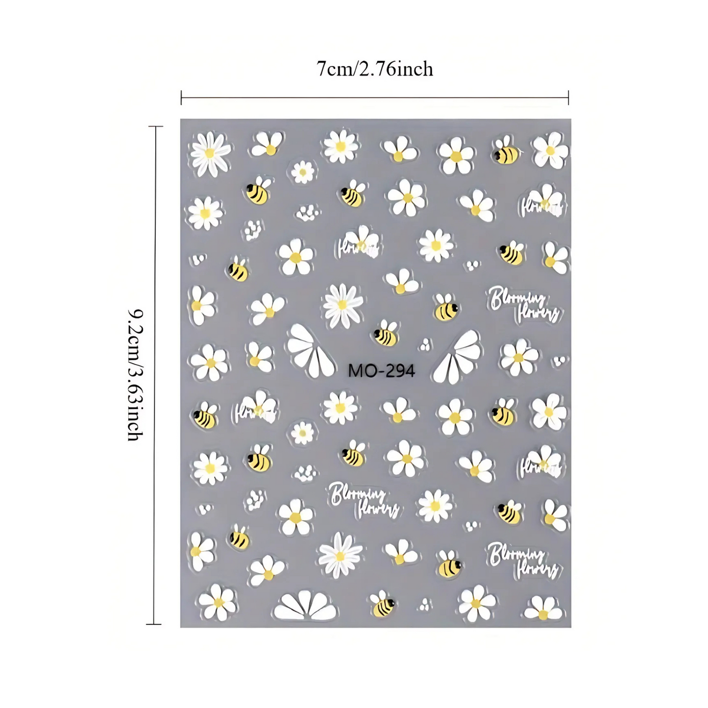 Sheet of nail art stickers with flowers and bees on a gray background, with dimensions indicated.