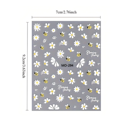 Sheet of nail art stickers with flowers and bees on a gray background, with dimensions indicated.