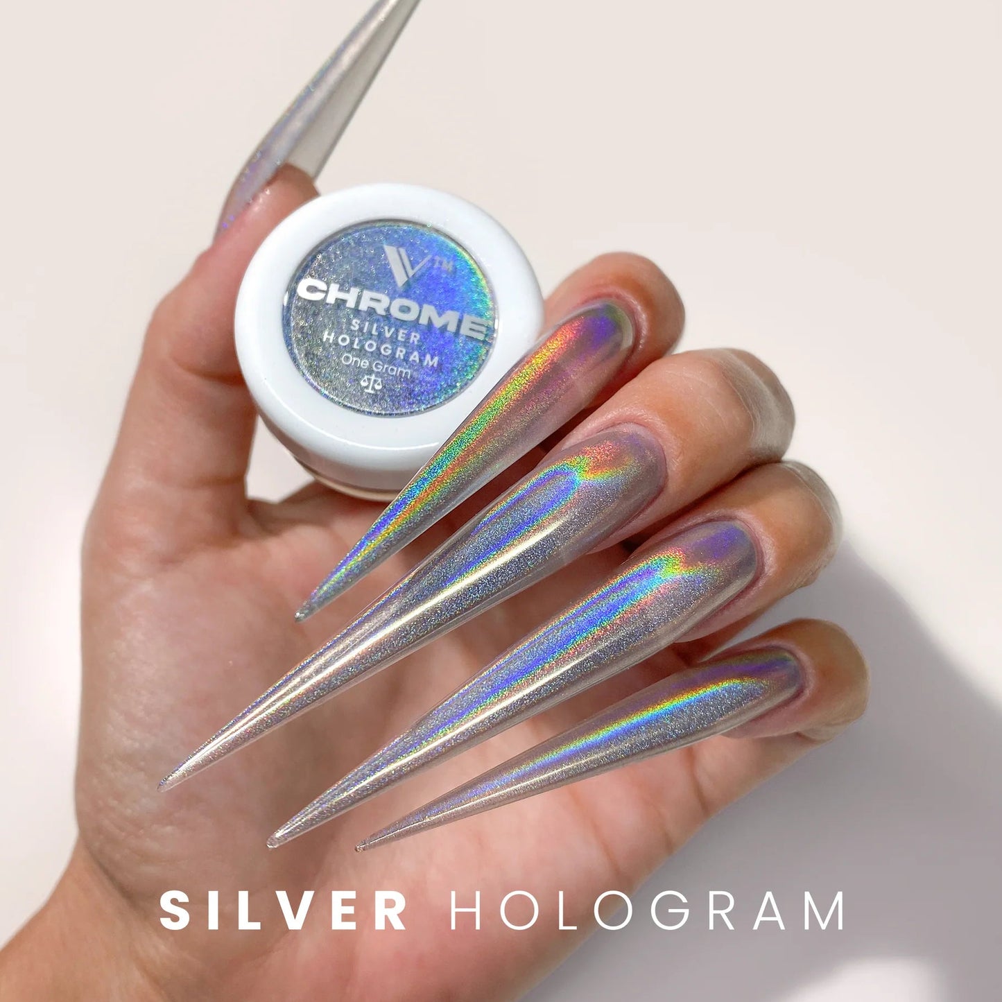 V Beauty Pure Chrome Powder - Silver Hologram Hand