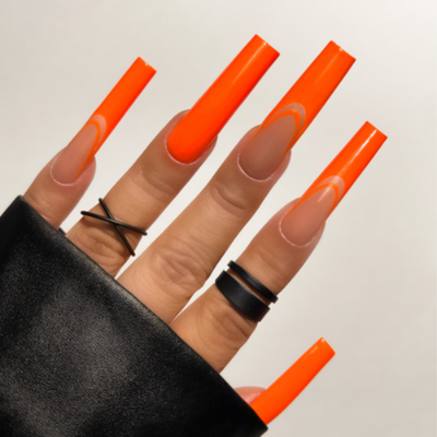 Hands wearing 202 Jack-Glow-Lantern Gel Art by Kiara Sky