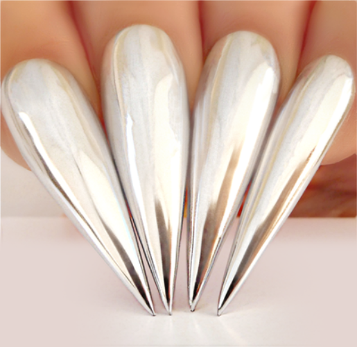 Hands wearing RC01 Silver Lining Rub On Chrome by Kiara Sky