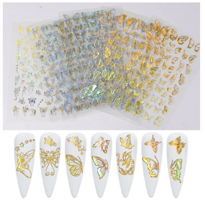 Nail Art Butterfly Sticker Decal Laser Silver Gold Acrylic Dip Gel Polish Designs 8 pack