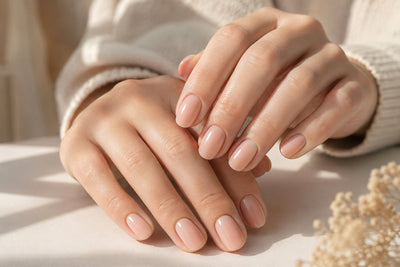 Well-manicured hands with soft nude gel nails showing a gentle nail care and sensitivity theme