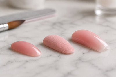 Three nail tips showing the difference between gel polish, dip powder, and acrylic nail systems on a salon table.