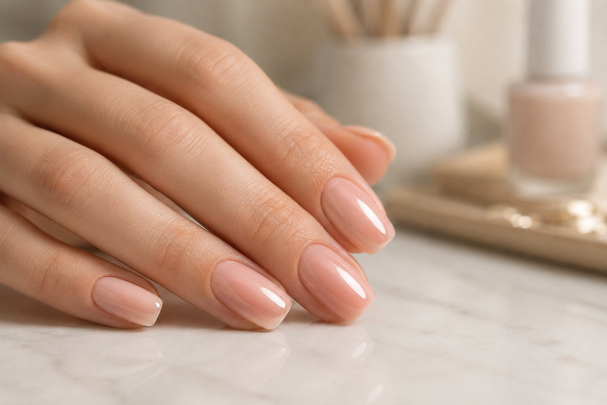 Glossy nude gel nails with a smooth top coat finish on a clean salon table.