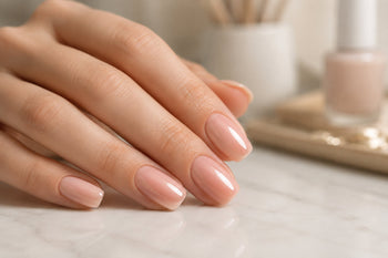 Glossy nude gel nails with a smooth top coat finish on a clean salon table.