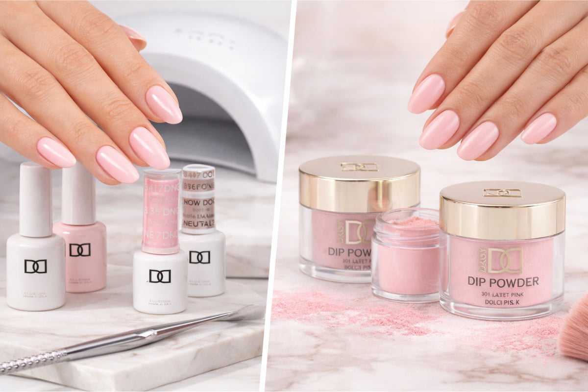 Side-by-side gel nails and dip powder nails manicure styles with polished hands and nail products on a clean beauty background