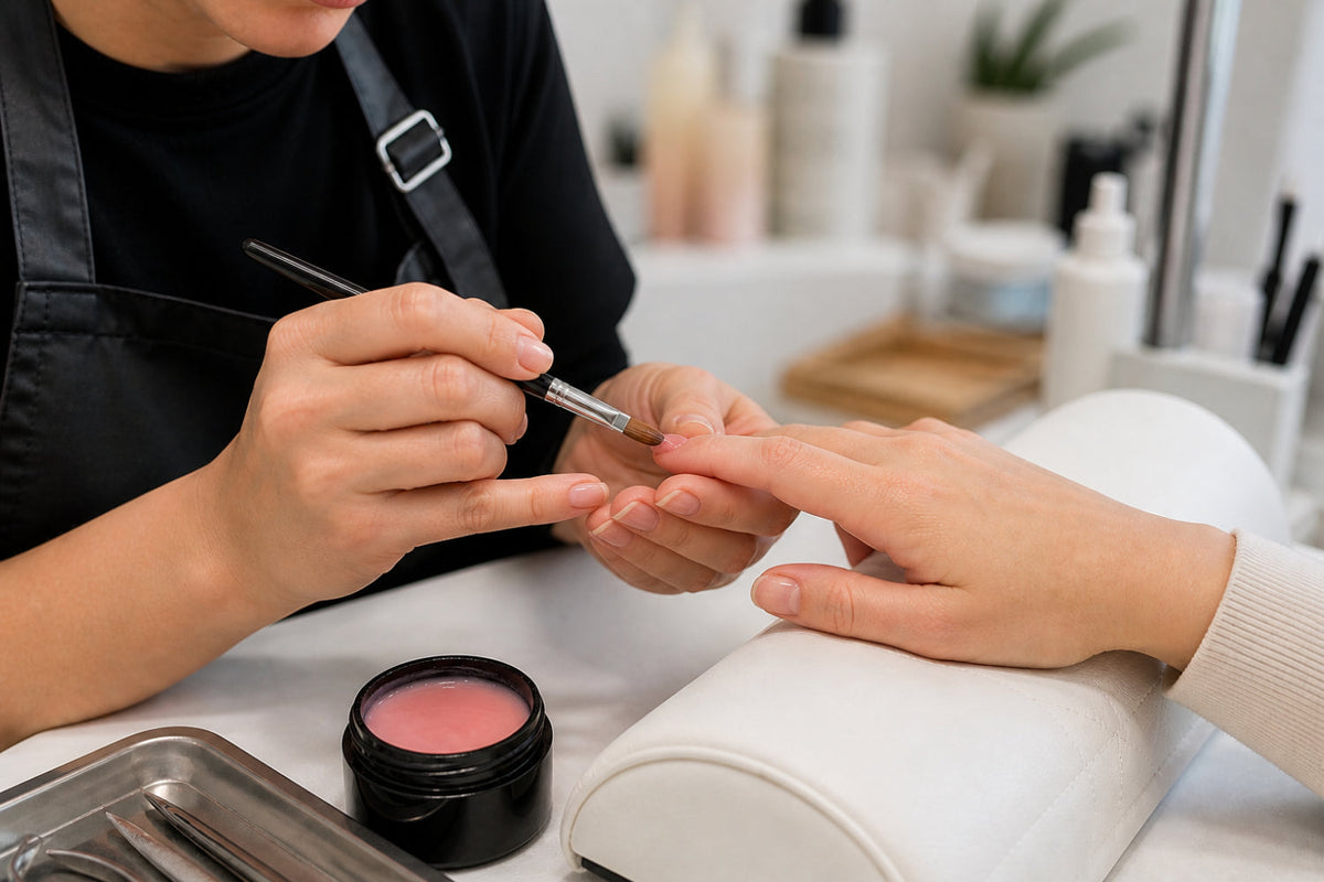 Manicurist applying builder gel on natural nails in a salon for a clean, natural-looking manicure