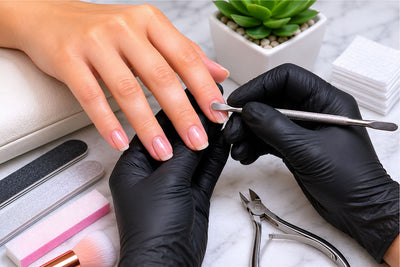 Professional nail technician performing cuticle prep and natural nail preparation before gel or acrylic application.
