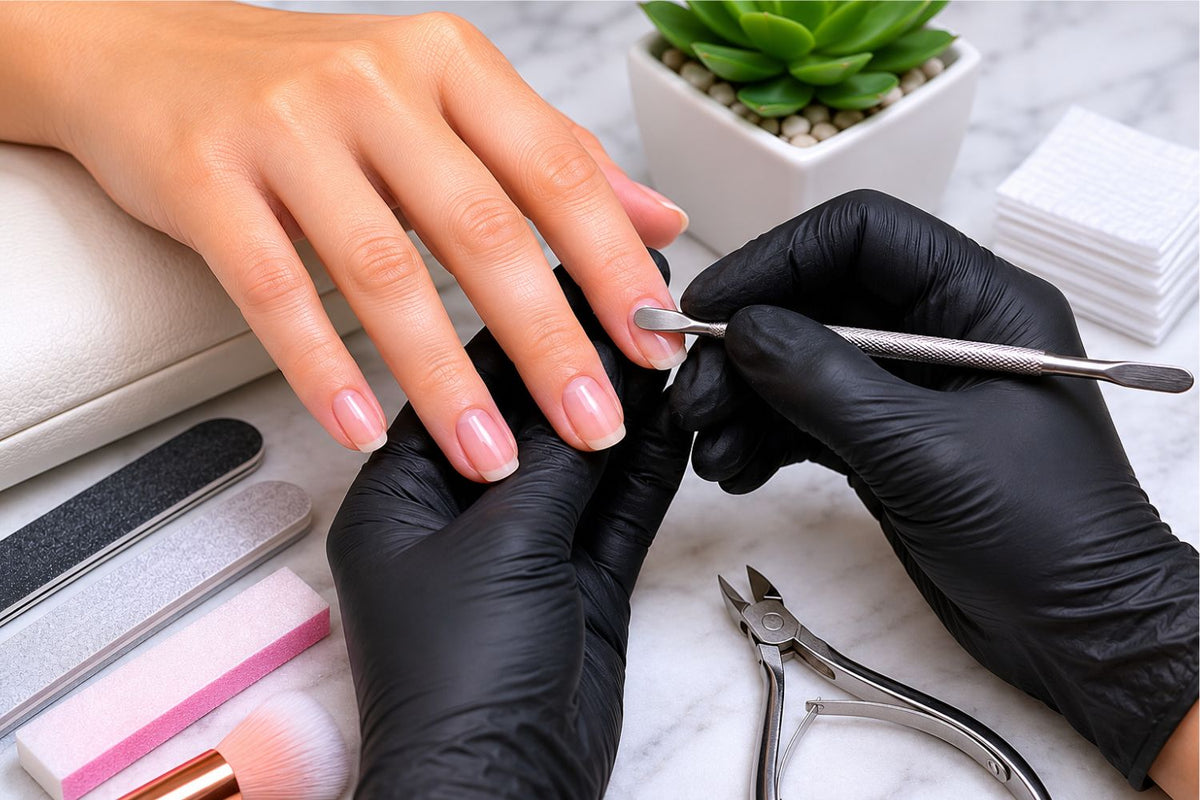Professional nail technician performing cuticle prep and natural nail preparation before gel or acrylic application.