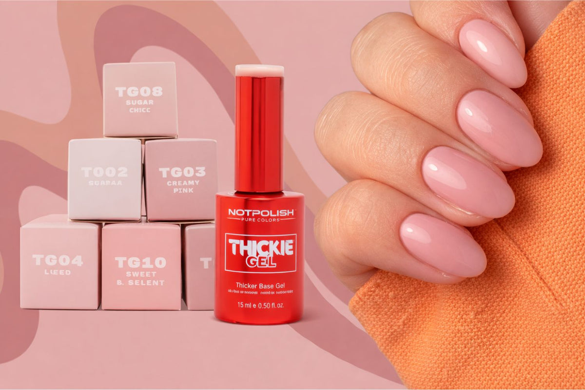 NotPolish Thickie Gel bottle with nude pink manicure and soft natural nail design on a clean pastel background
