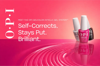 OPI GelColor Intelli-Gel nail polish bottles on a pink gradient background showcasing long-lasting gel nail system