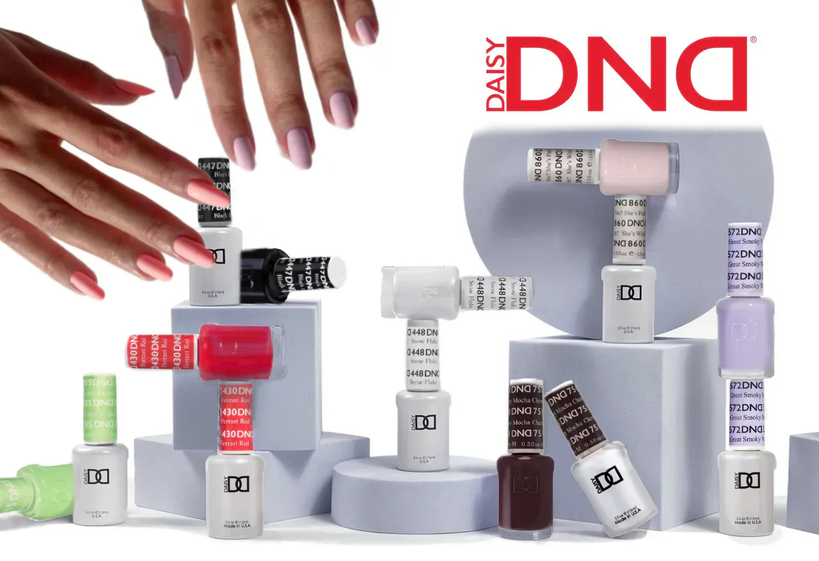 DND gel polish bottles in pastel pink, red, nude, lavender, and green shades with manicured hands on a clean white background