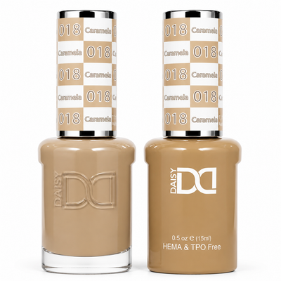 DND 018 Caramela HEMA & TPO Free Gel Polish Duo – caramel beige gel nail polish and matching lacquer set