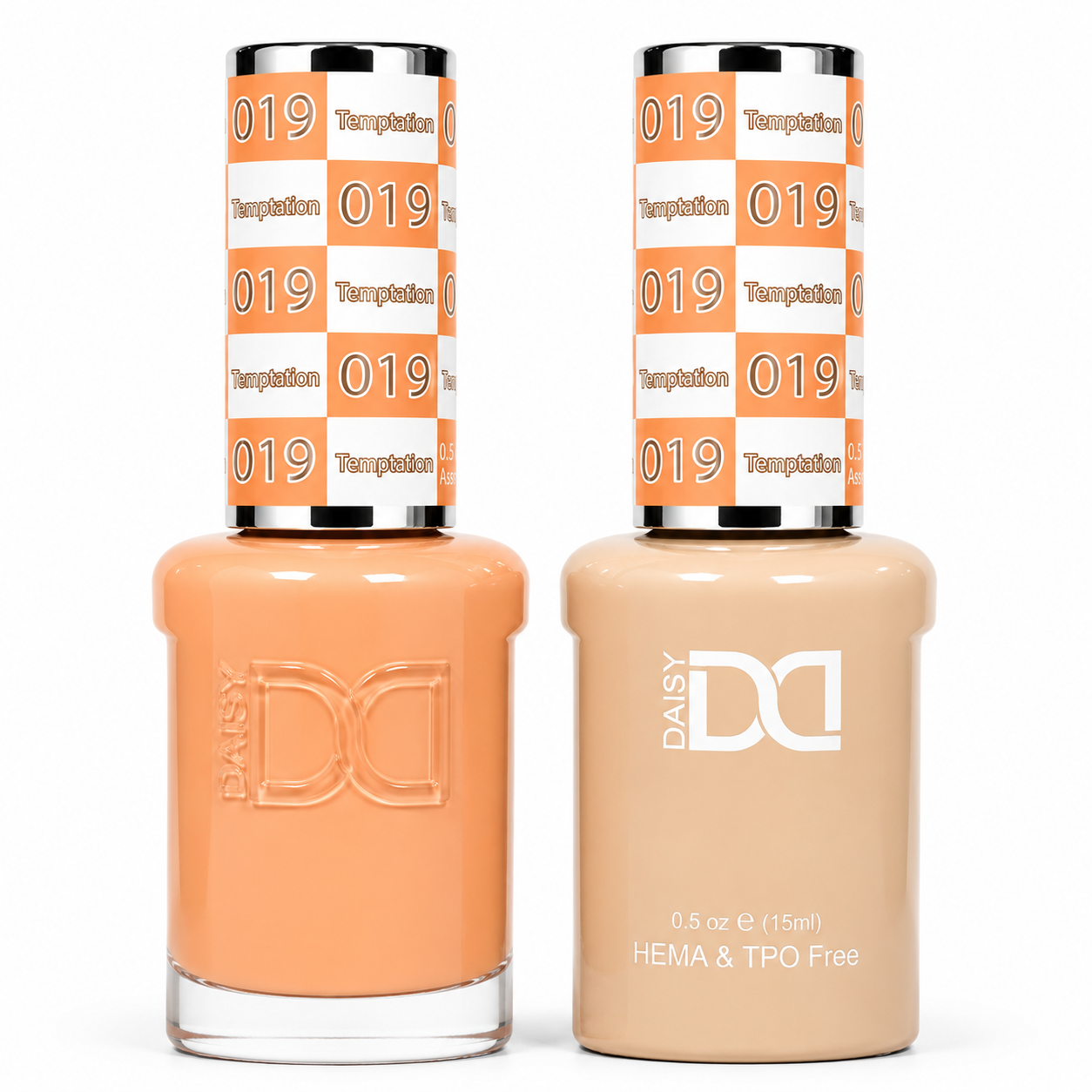 DND 019 Temptation HEMA & TPO Free Gel Polish Duo warm peachy nude nail color with matching lacquer bottle.
