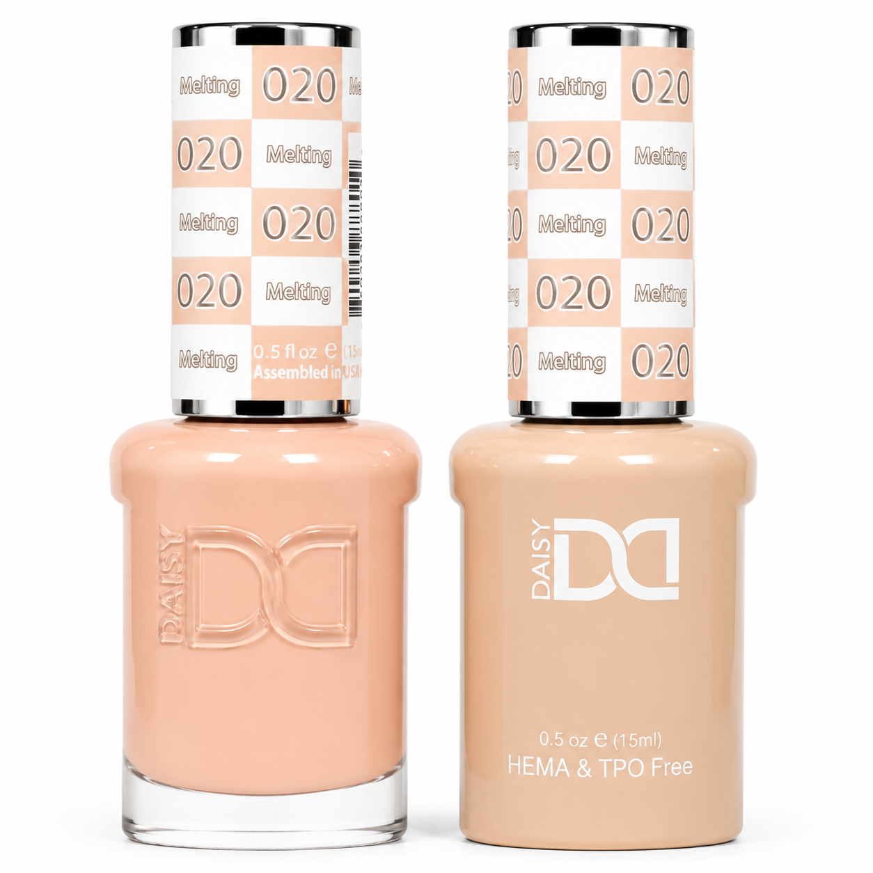 DND 020 Melting HEMA & TPO Free Gel Polish Duo soft peach nude nail color with matching lacquer bottle.