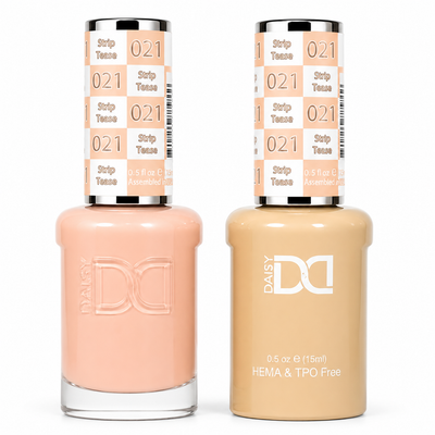 DND 021 Strip Tease HEMA & TPO Free Gel Polish Duo soft blush nude nail color with matching lacquer bottle.
