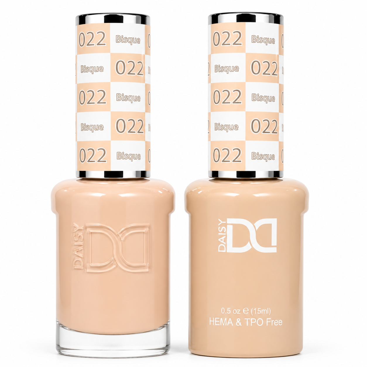 DND 022 Bisque HEMA & TPO Free Gel Polish Duo creamy beige nude nail color with matching lacquer bottle.