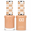 DND 023 Glowing HEMA & TPO Free Gel Polish Duo warm peach nude nail color with matching lacquer bottle.