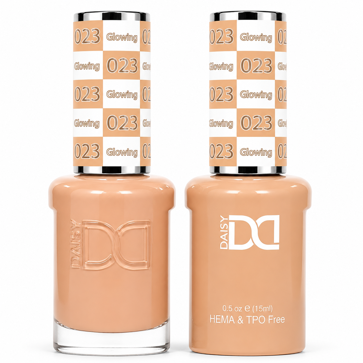 DND 023 Glowing HEMA & TPO Free Gel Polish Duo warm peach nude nail color with matching lacquer bottle.