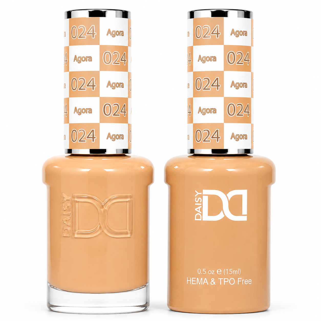 DND 024 Agora HEMA & TPO Free Gel Polish Duo warm caramel nude nail color with matching lacquer bottle.