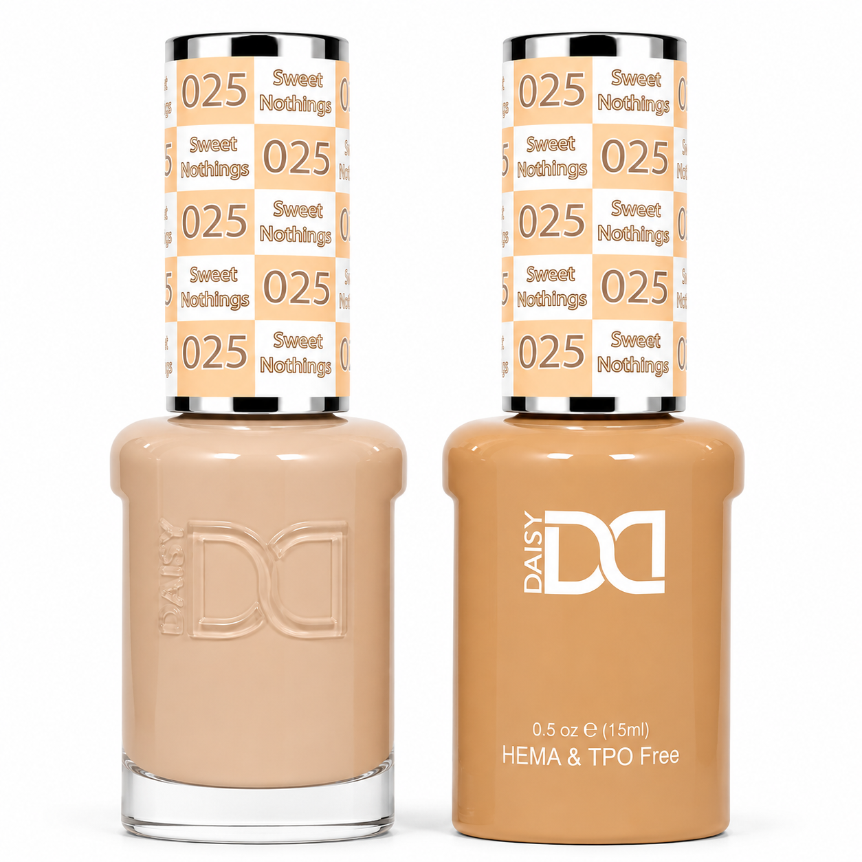 DND 025 Sweet Nothings HEMA & TPO Free Gel Polish Duo creamy beige nude nail color with matching lacquer bottle.