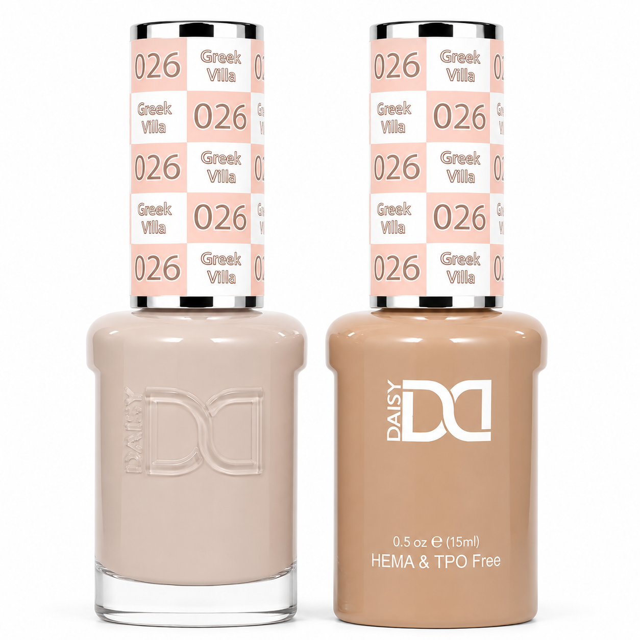 DND 026 Greek Villa HEMA & TPO Free Gel Polish Duo soft greige nude nail color with matching lacquer bottle.