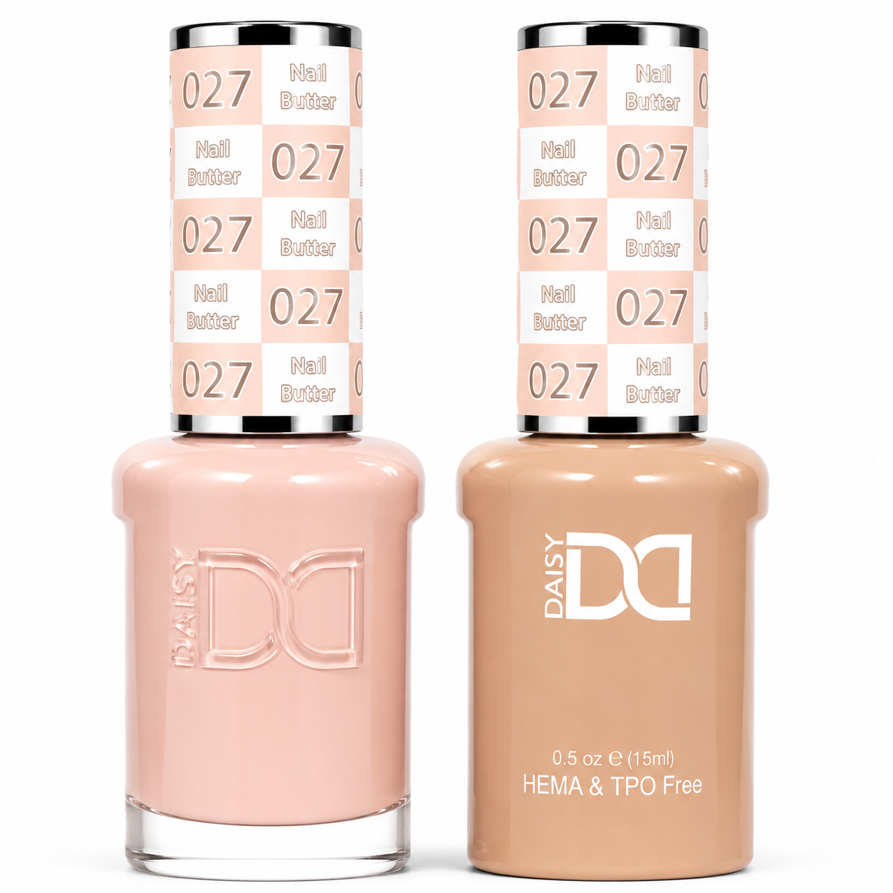 DND 027 Nail Butter HEMA & TPO Free Gel Polish Duo creamy blush nude nail color with matching lacquer bottle.