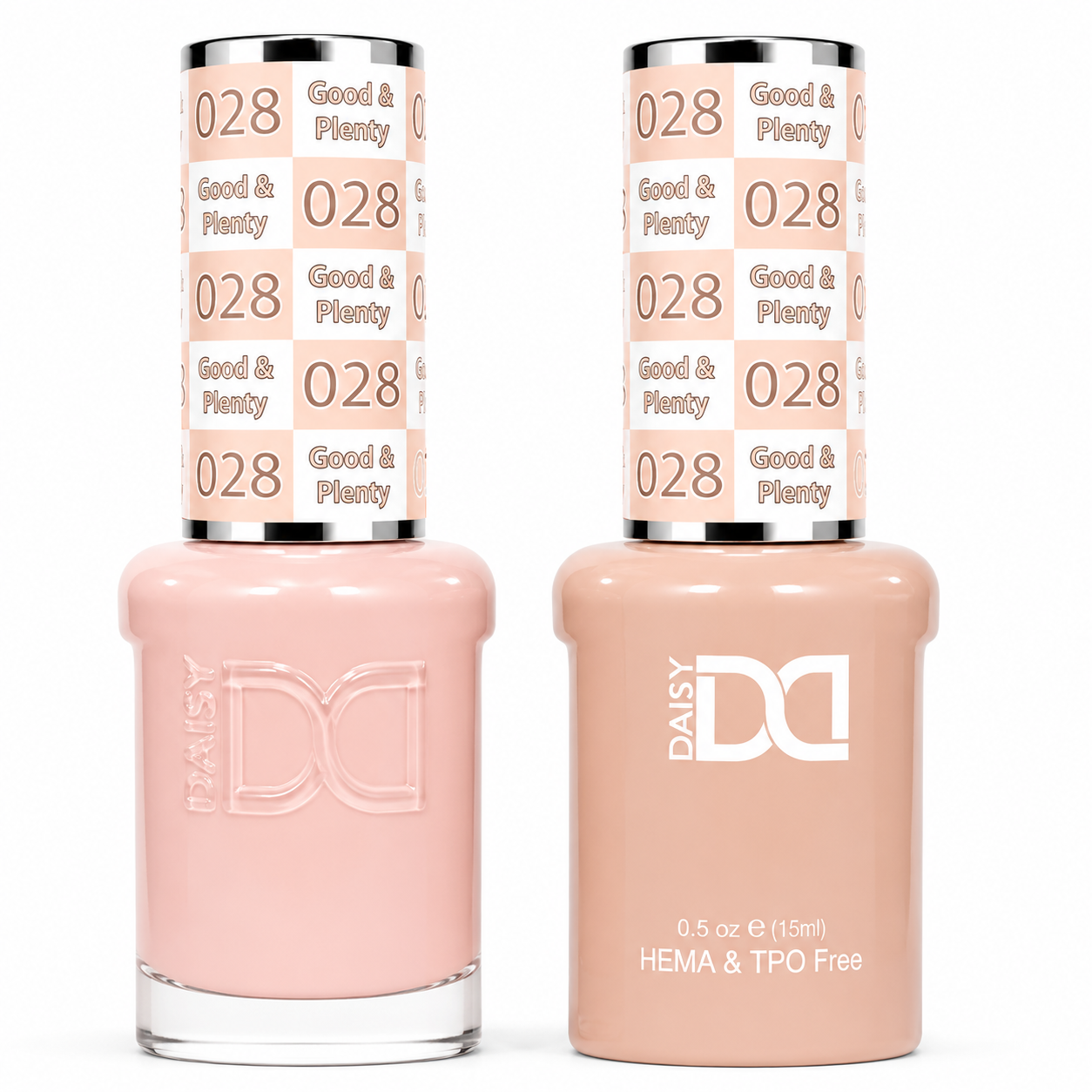 DND 028 Good & Plenty HEMA & TPO Free Gel Polish Duo soft pink nude nail color with matching lacquer bottle.