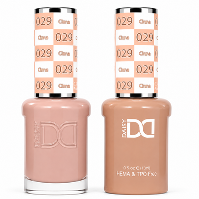 DND 029 Cinna HEMA & TPO Free Gel Polish Duo warm rosy nude nail color with matching lacquer bottle.