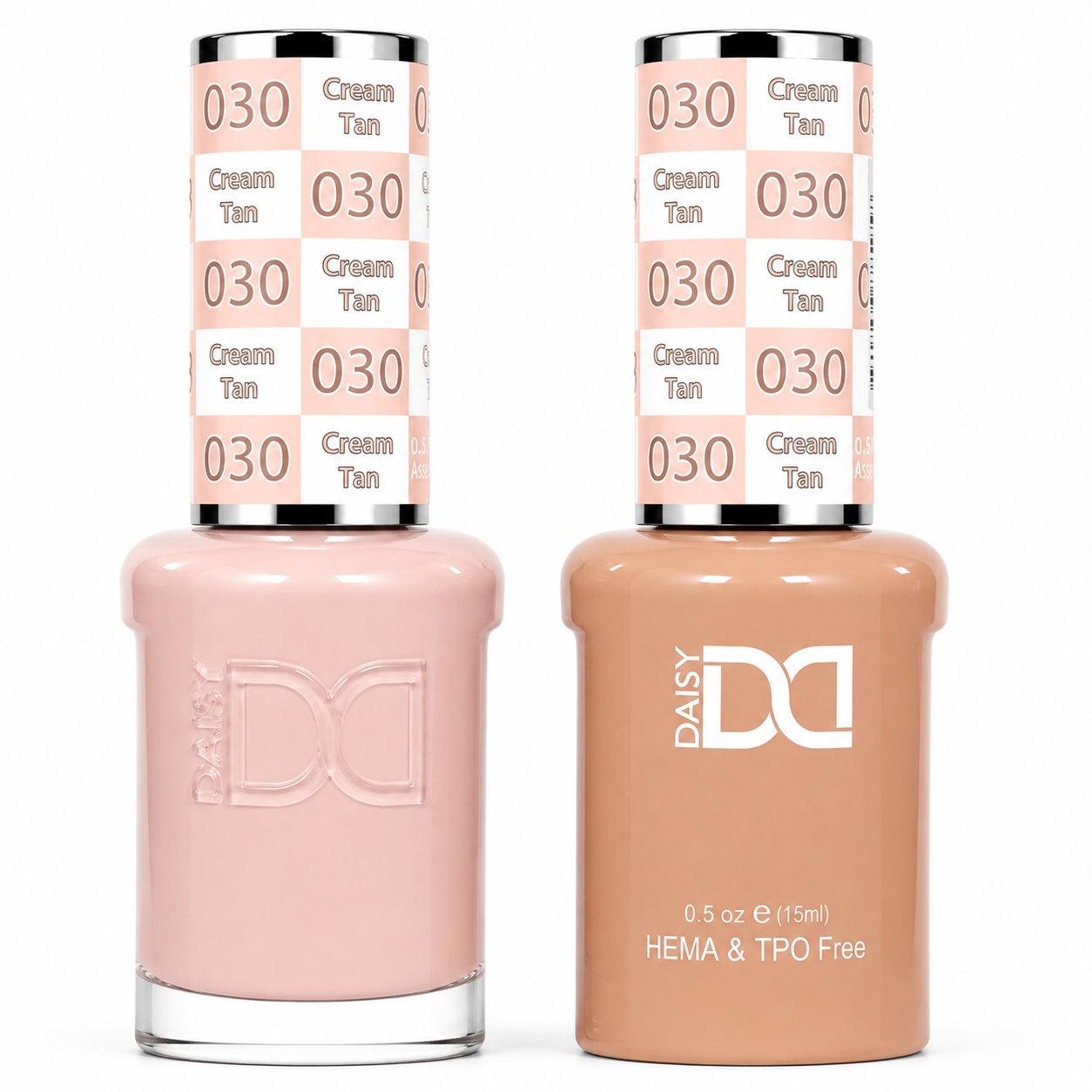 DND 030 Cream Tan HEMA & TPO Free Gel Polish Duo creamy beige nude nail color with matching lacquer bottle.