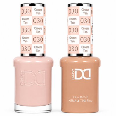 DND 030 Cream Tan HEMA & TPO Free Gel Polish Duo creamy beige nude nail color with matching lacquer bottle.