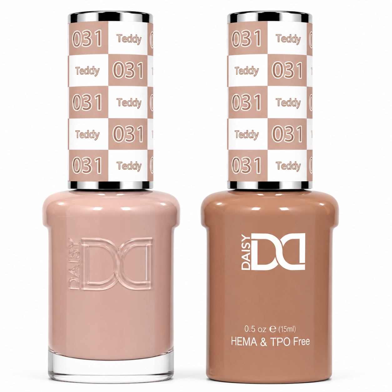 DND 031 Teddy HEMA & TPO Free Gel Polish Duo warm rosy taupe nude nail color with matching lacquer bottle.