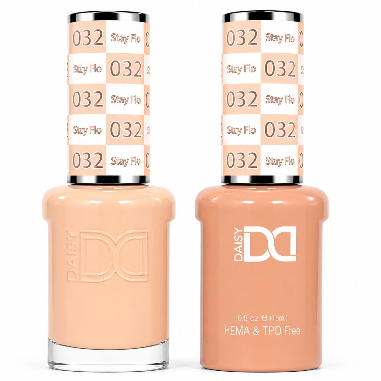 DND 032 Stay Flo HEMA & TPO Free Gel Polish Duo soft peachy nude nail color with matching lacquer bottle.