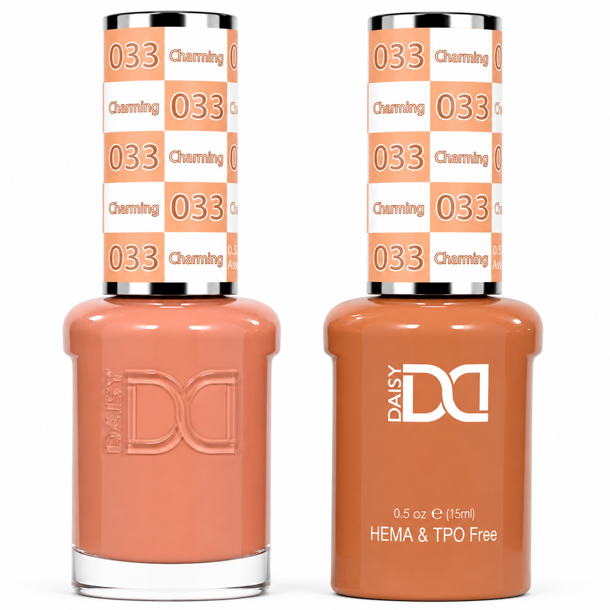 DND 033 Charming HEMA & TPO Free Gel Polish Duo warm peachy nude nail color with matching lacquer bottle.