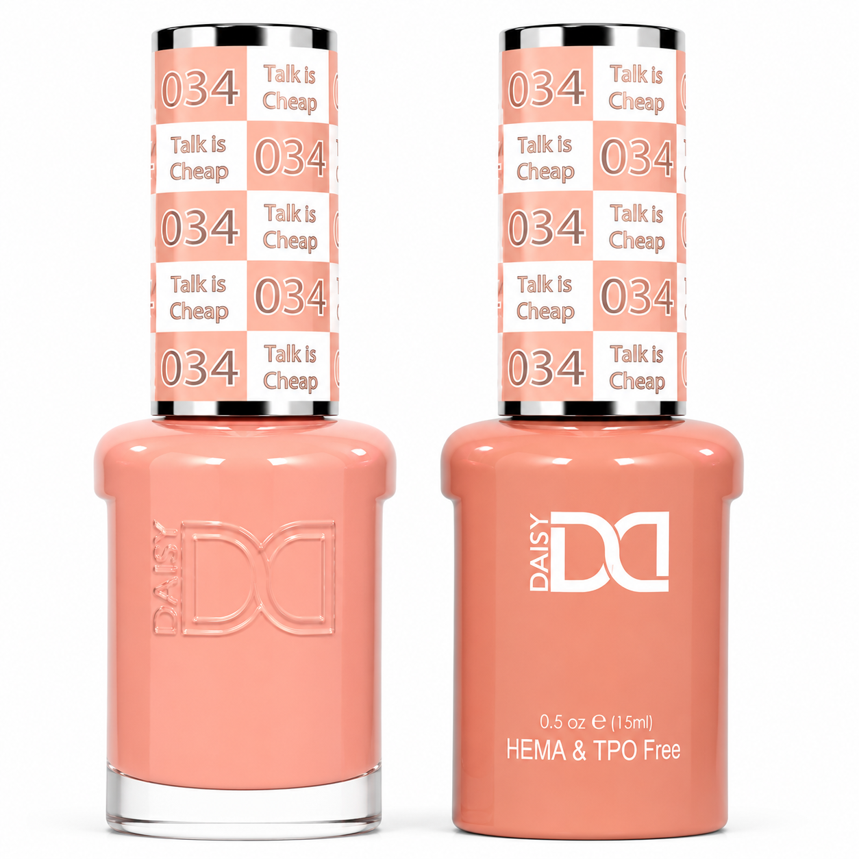 DND 034 Talk Is Cheap HEMA & TPO Free Gel Polish Duo soft coral pink nail color with matching lacquer bottle.