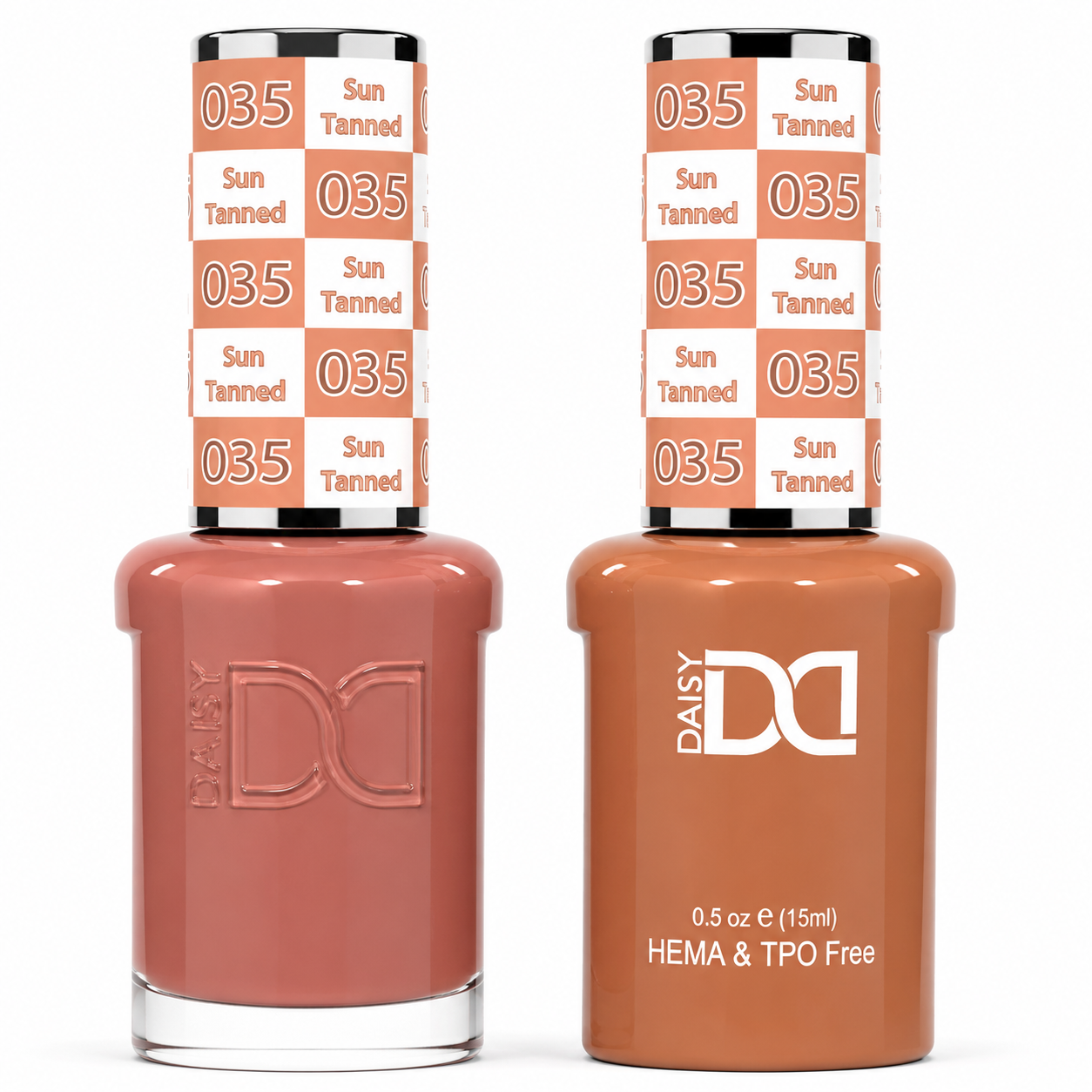 DND 035 Sun Tanned HEMA & TPO Free Gel Polish Duo warm terracotta nude nail color with matching lacquer bottle.