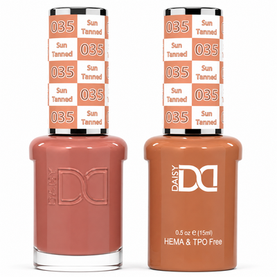 DND 035 Sun Tanned HEMA & TPO Free Gel Polish Duo warm terracotta nude nail color with matching lacquer bottle.
